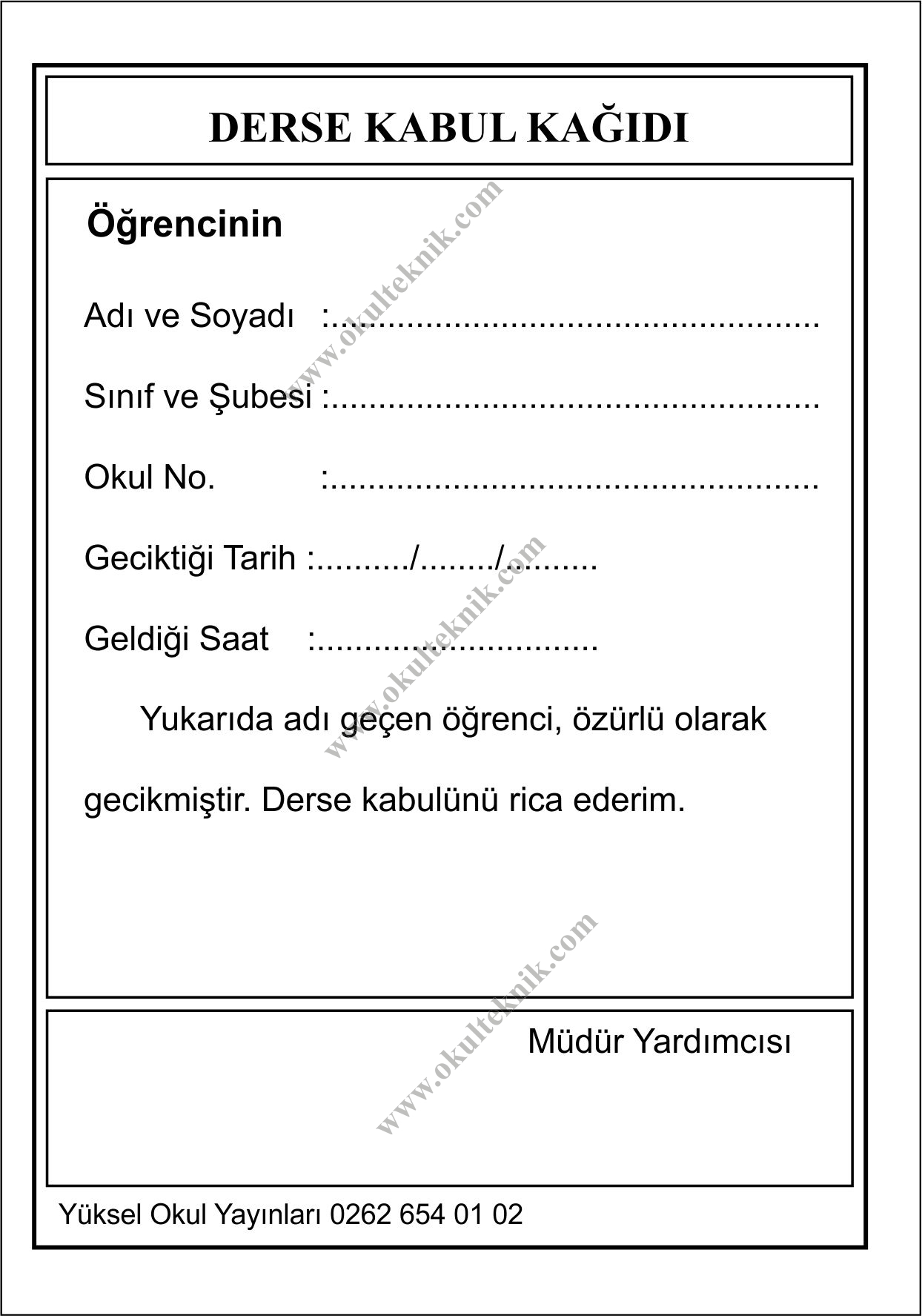 Öğrenci Derse Kabul Belgesi (100’lük Paket)