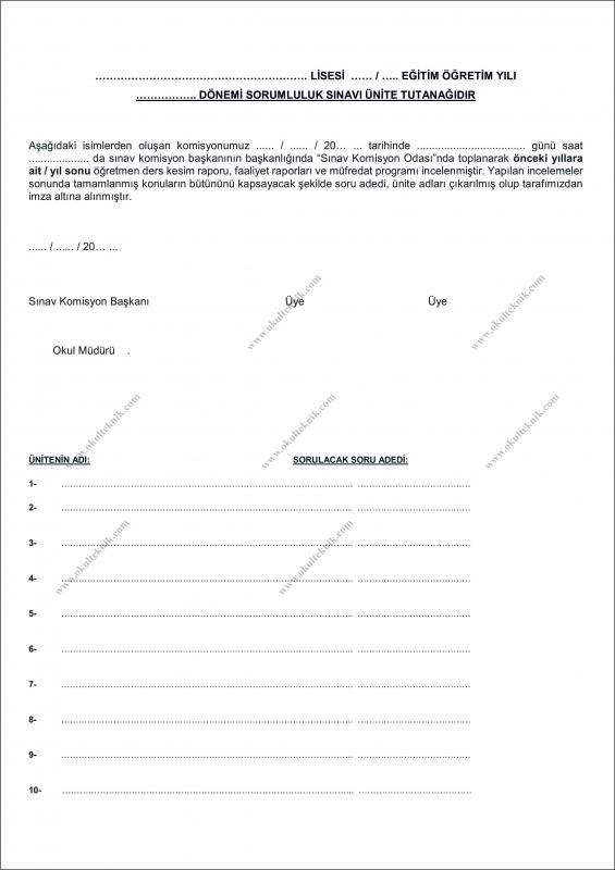 Sınav Ünite Tutanağı (100’lük Paket)