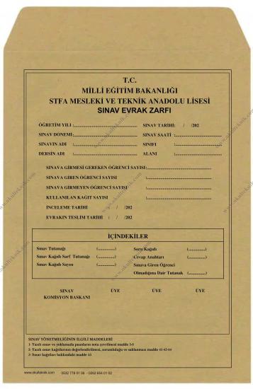 Sınav Evrak Saklama Zarfı (OKULA ÖZEL)
