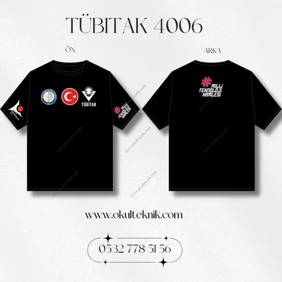  % 100 Pamuklu  Siyah Tişört ( Tübitak 4004 - 4005 - 4006 - 4007 - 4008 )