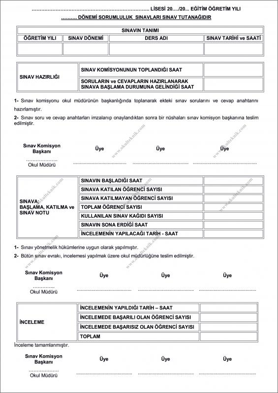 Sınav Tutanağı  (100’lük Paket)